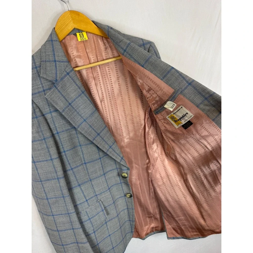 70s Disco Drapeshire Men 40L Vintage Wool Blazer Grey Blue Windowpane Sport Coat